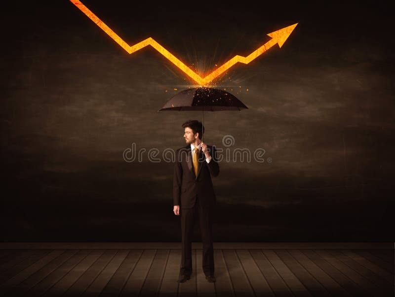 Businessman standing with umbrella keeping orange arrow stock images Businessman standing with umbrella keeping orange arrow stock images