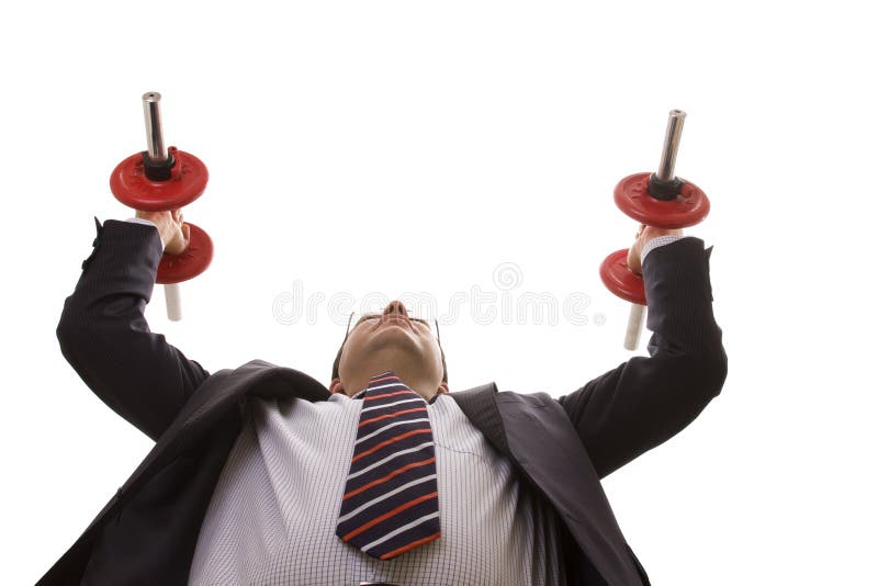 Businessman strength lifting weights (isolated on white). Male hand holding businessman stock images, royalty-free photos and pictures