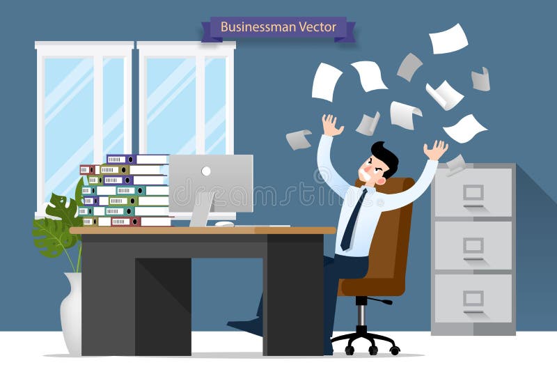 Businessman stress at the desk by a lot of work. Flat vector illustration design of employee character with stack of paper working. Very hard with the personal stock illustration Businessman stress at the desk by a lot of work. Flat vector illustration design of employee character with stack of paper working. Very hard with the personal stock illustration
