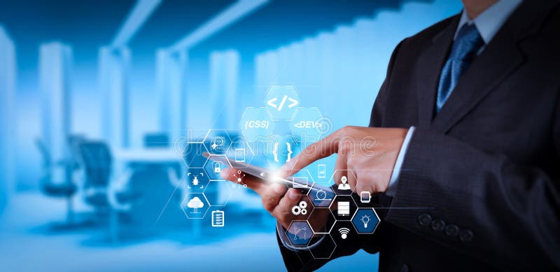 Coding software developer work with augmented reality dashboard computer icons of scrum agile development and code fork and versioning with responsive cybersecurity. businessman success working with his board room. Coding program data stock images, royalty-free photos and pictures