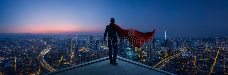 Businessman in suit and cape hero stand at rooftop looking great cityscape
