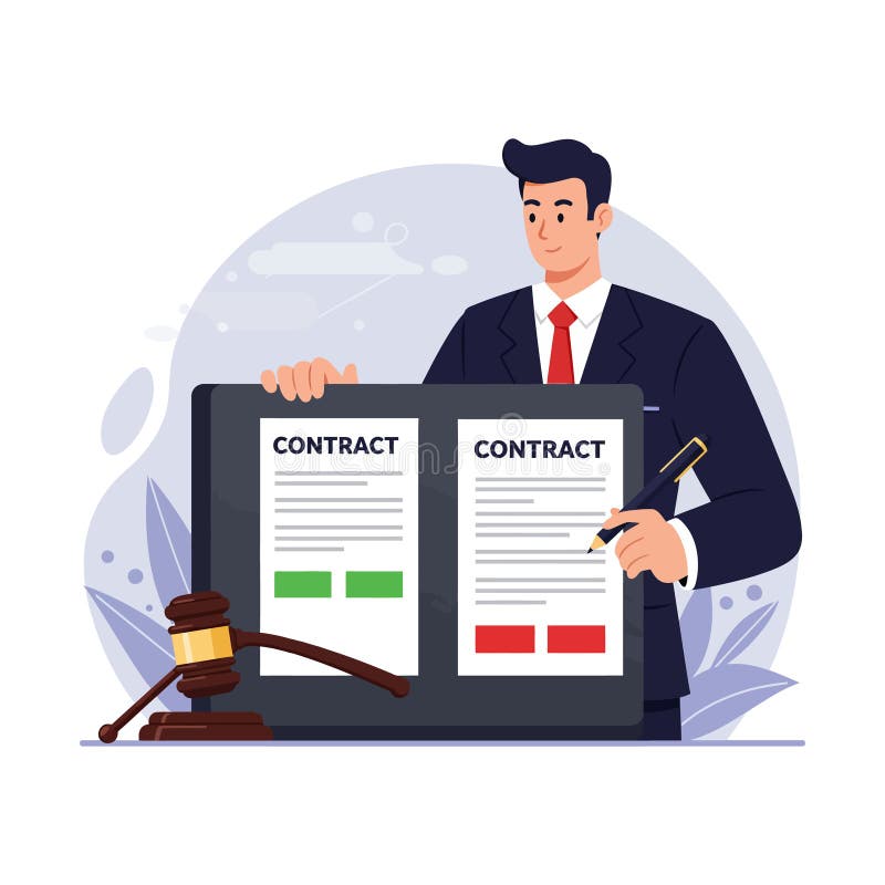 Businessman in suit holding contract documents with pen and gavel flat style vector illustration vector illustration