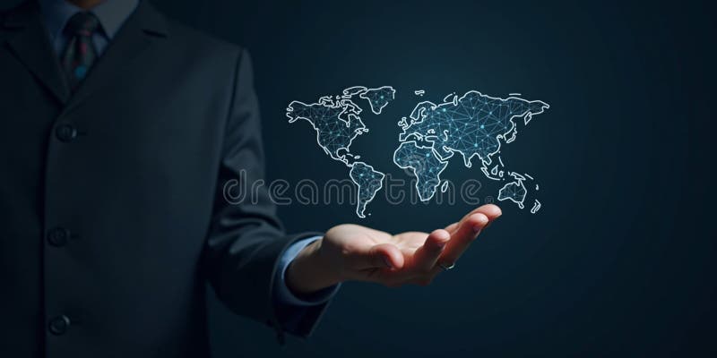 Businessman Holding Futuristic World Map stock illustration