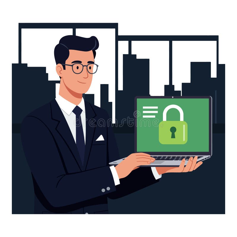 Businessman in suit holding laptop with green padlock icon urban city skyline flat vector illustration stock illustration