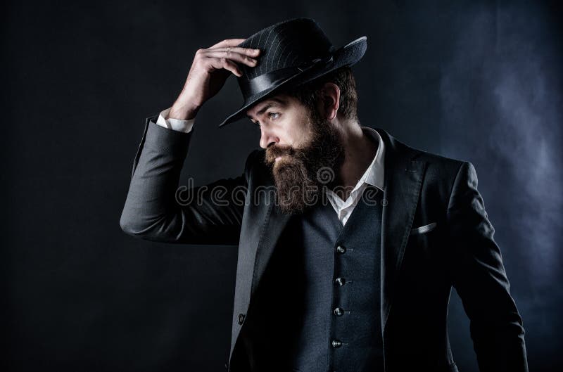 Businessman in Suit. Mafia Boss. in Hat Mature Hipster with Beard. Male