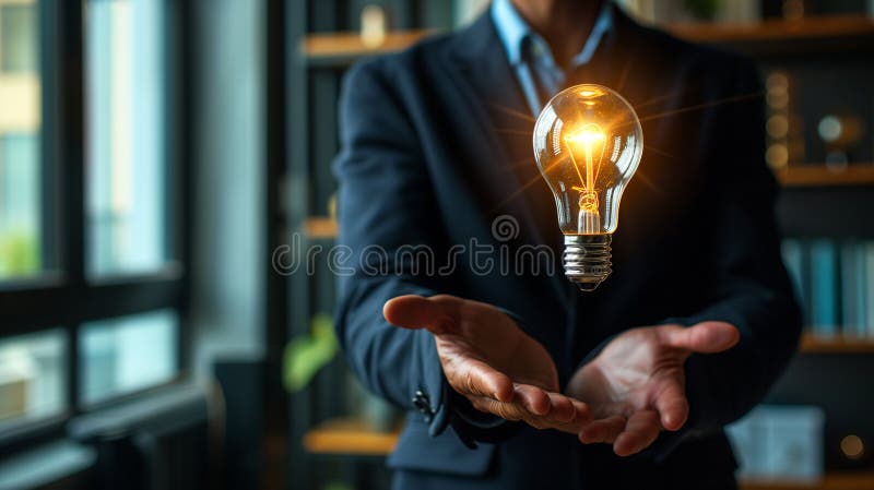 A businessman in a suit presents a glowing lightbulb stock illustration
