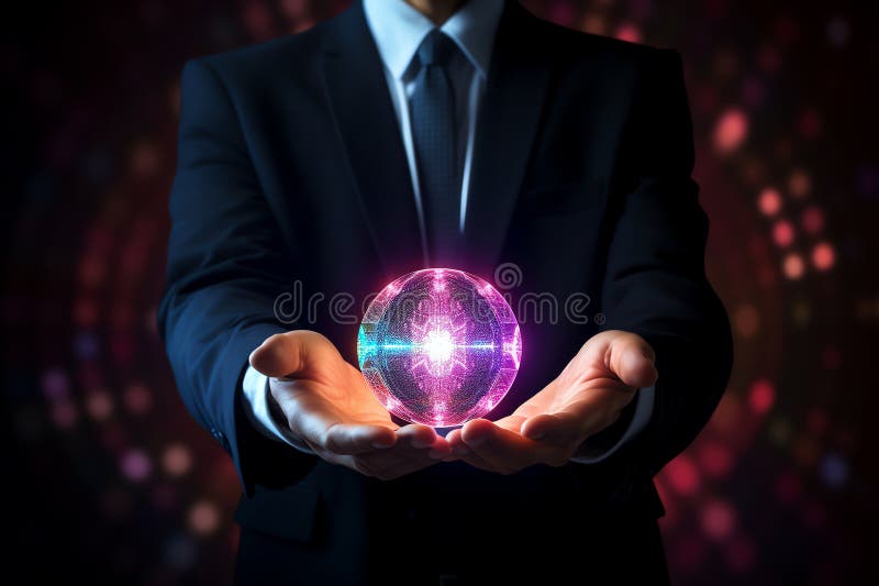 A businessman in a suit presents a holographic globe, showcasing global strategy and innovation. Explore the future of vector illustration