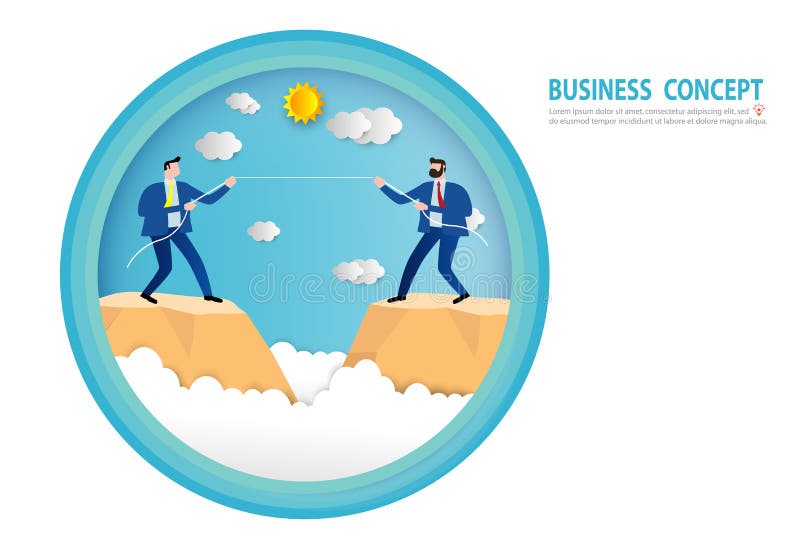Businessman in suit pull rope at edge of cliff. Competition conflict rivalry, goals, success, Paper art style, people business stock illustration Businessman in suit pull rope at edge of cliff. Competition conflict rivalry, goals, success, Paper art style, people business stock illustration