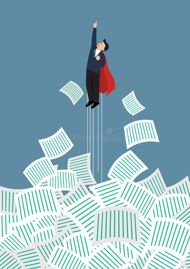 Businessman superhero get away from a lot of documents