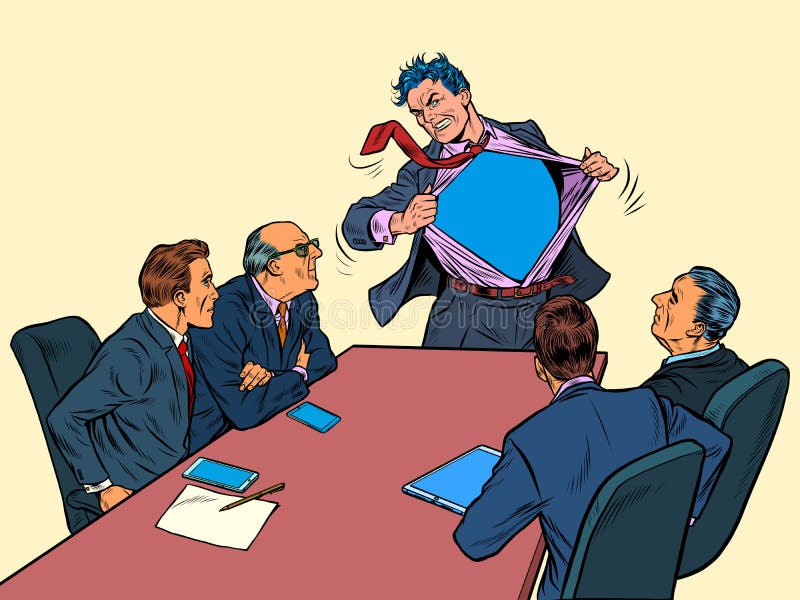 Businessman superhero at a work meeting. Business success. Cool presentation of the project. Pop art retro illustration kitsch vintage 50s 60s style