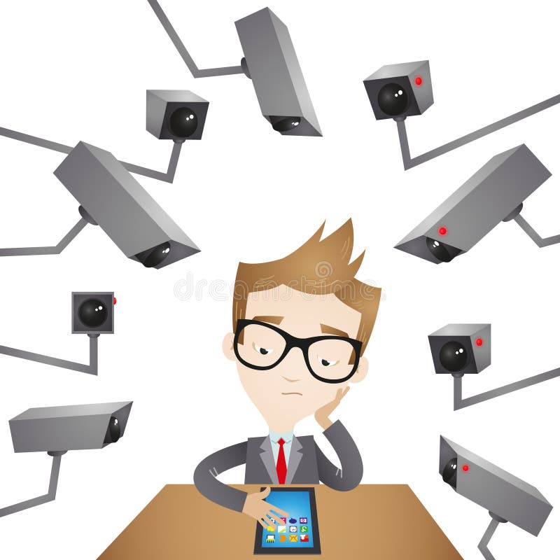 Vector illustration of a cartoon businessman sitting at his desk surrounded by surveillance cameras spying on him. Cartoon security camera vectors