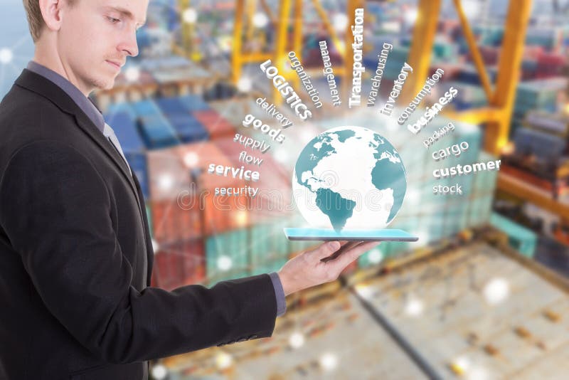 Businessman with tablet on hand show supply chain concept royalty free stock image Businessman with tablet on hand show supply chain concept royalty free stock image