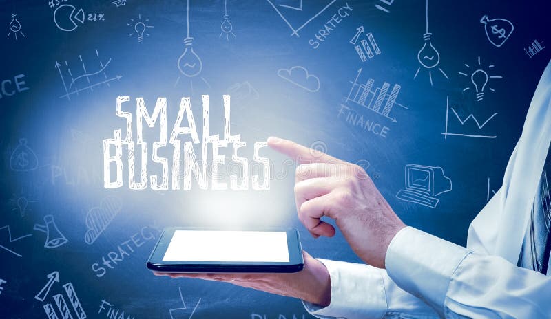 Businessman with tablet. Small business concept diagram hand drawing stock photography Businessman with tablet. Small business concept diagram hand drawing stock photography