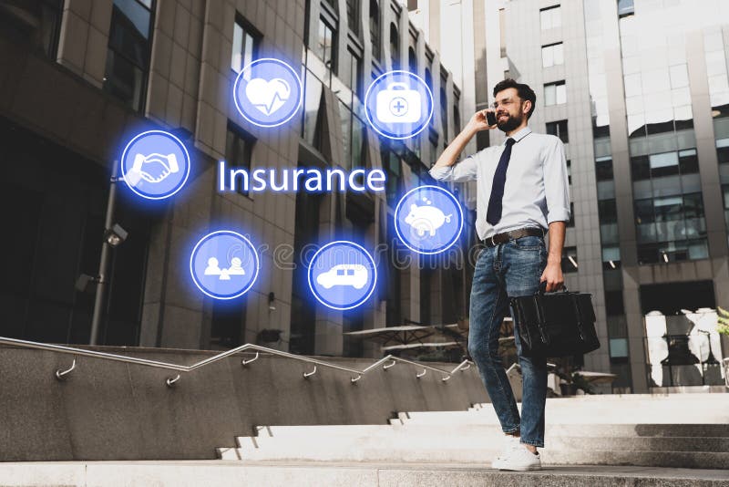 Businessman talking on phone and different icons outdoors. Insurance concept