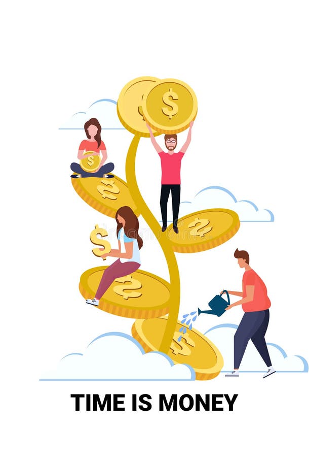 Businessman team leader watering dollar plant growth wealth time is money concept people sitting on golden tree cartoon