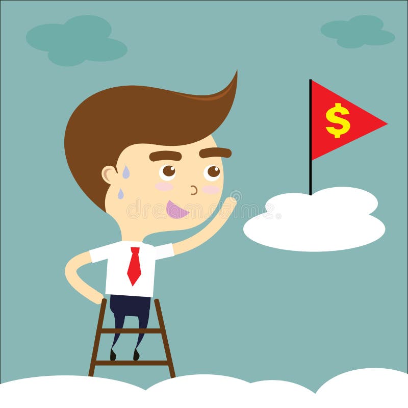 Podnikatel unavený dosáhnout cíle s červené vlajky a žlutý znak dolaru 