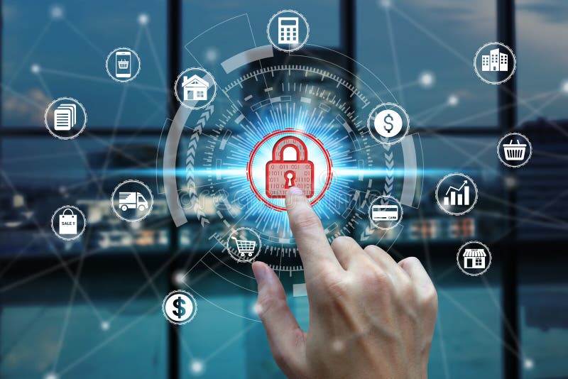 Businessman Touch Virtual Padlock Icon Over The Network Connection