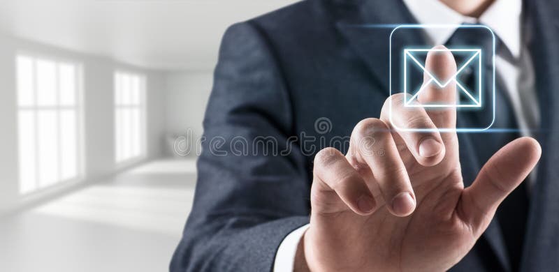 Businessman touches virtual communication icon.