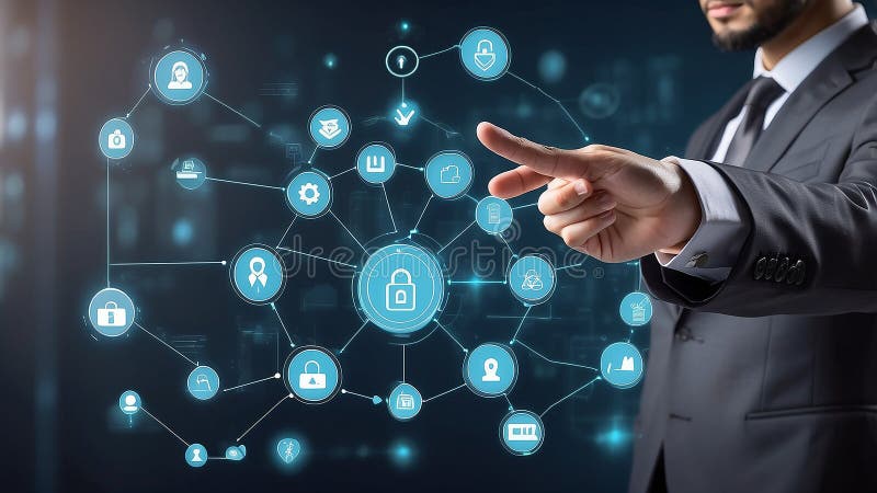 Businessman touching access management frameworks, user authentication processes, authorization control measures, identity vector illustration