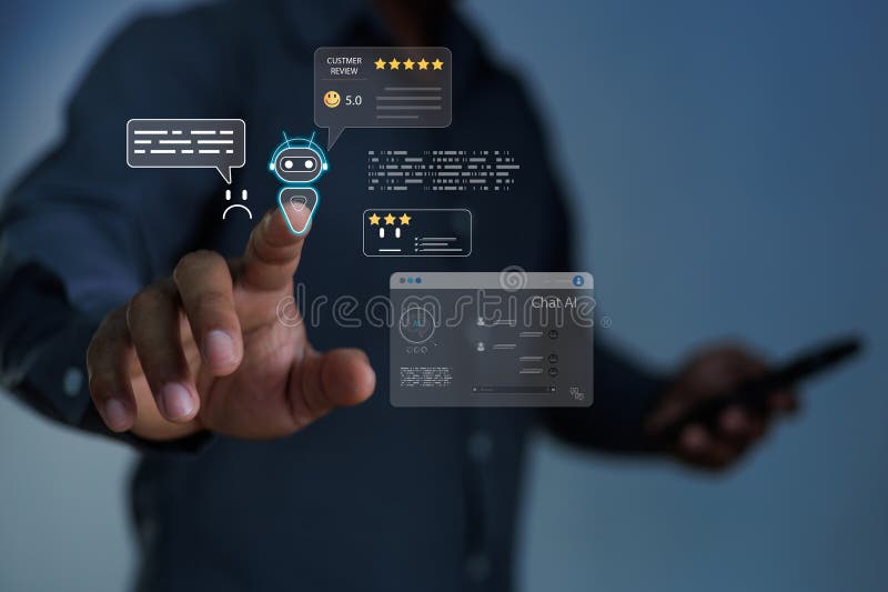 Businessman touching AI chatbot interface for customer service. Concept of digital 5-star review, automation, smart technology stock photos
