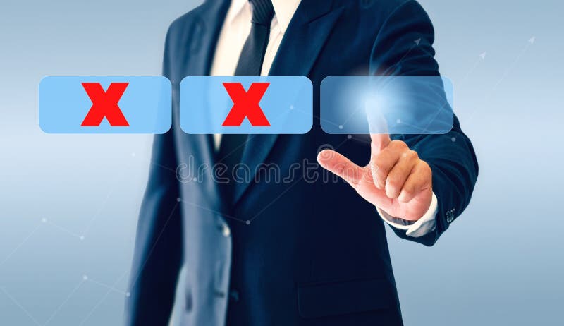 Businessman touching check marks virtual button. Concept of business decision may be right or wrong stock image