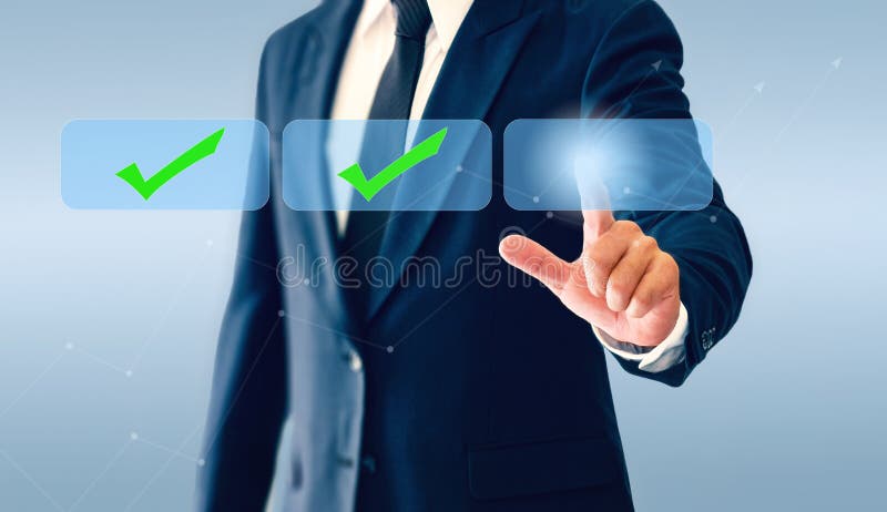 Businessman touching check marks virtual button. Concept of business decision may be right or wrong stock images