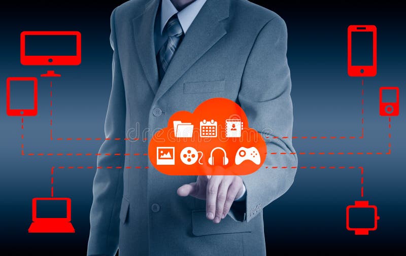Businessman touching a cloud connected to many objects on a virtual screen, concept about internet of things stock image Businessman touching a cloud connected to many objects on a virtual screen, concept about internet of things stock image