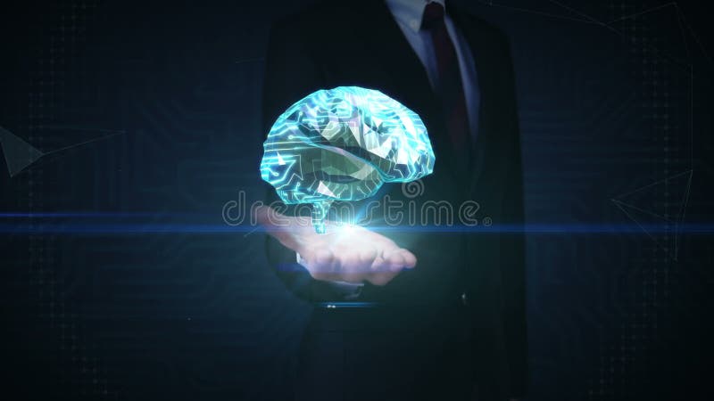 Businessman touching digital screen, Low polygon Brain connect digital lines. expanding artificial intelligence stock video