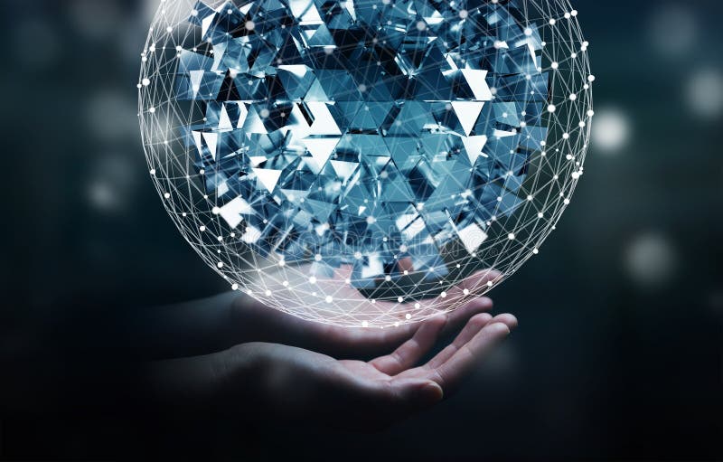 Businessman touching flying abstract sphere with shiny cube 3D r stock illustration Businessman touching flying abstract sphere with shiny cube 3D r stock illustration