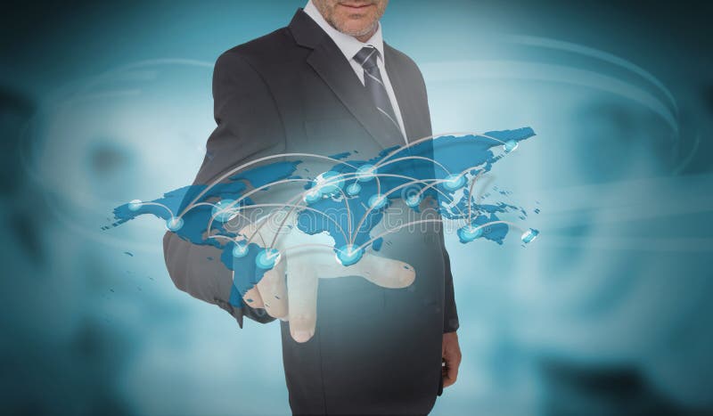 Businessman touching futuristic world map interface royalty free illustration
