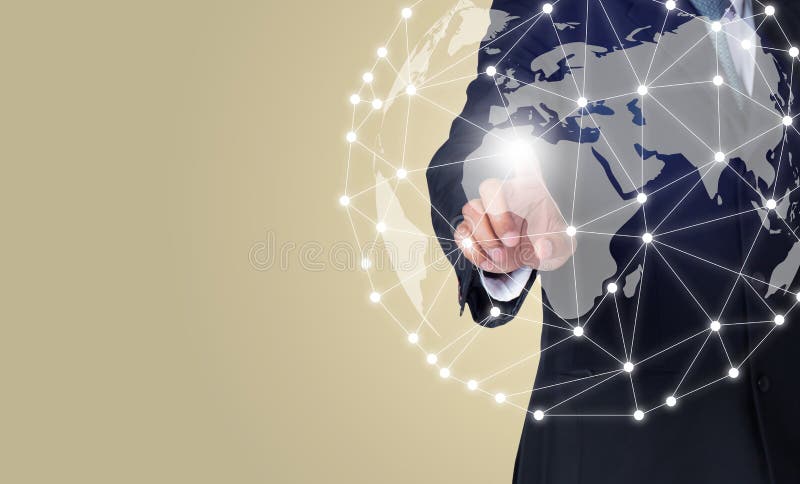 Businessman touching global network and connection data exchanges using digital world. royalty free stock images Businessman touching global network and connection data exchanges using digital world. royalty free stock images