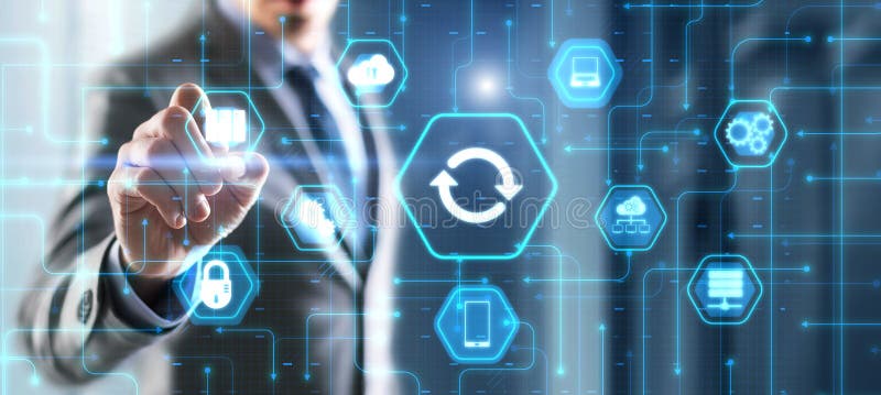 Businessman touching icon Update software application. Hardware upgrade technology concept royalty free illustration