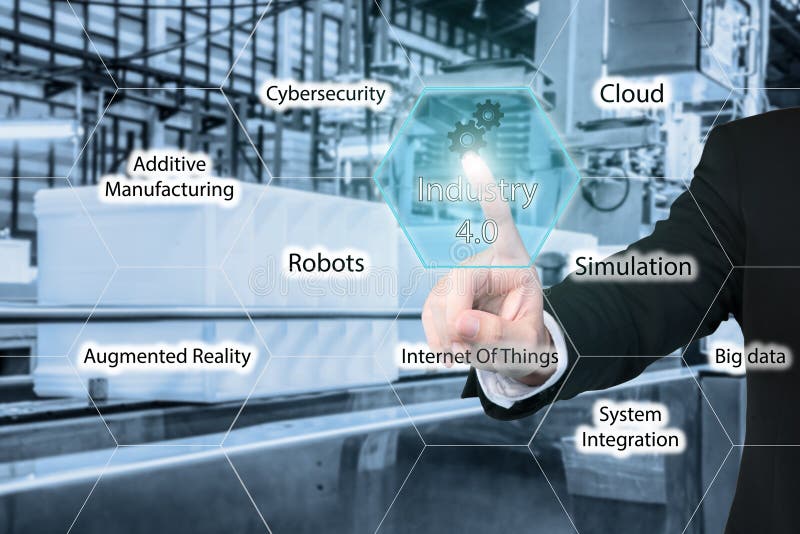 Businessman touching industry 4. 0 icon in virtual interface royalty free stock images