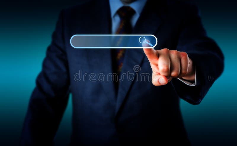 Torso of businessman pushing forward his left hand to touch a magnifier icon in a virtual search bar with his index finger. Do place your text into the empty search box. Background with copy space. Torso of businessman pushing forward his left hand to touch a magnifier icon in a virtual search bar with his index finger. Do place your text into the empty search box. Background with copy space.