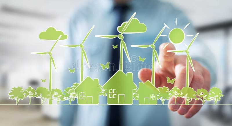 Businessman touching renewable energy sketch stock illustration Businessman touching renewable energy sketch stock illustration