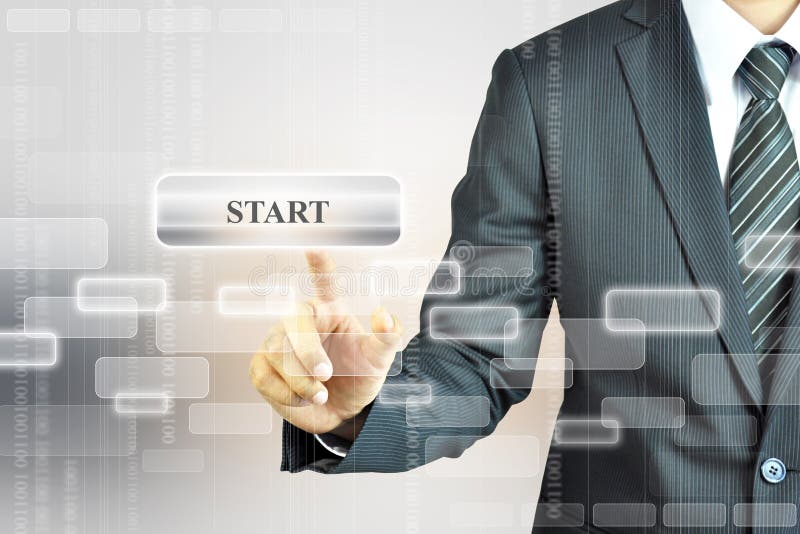 Businessman touching START button on virtual screen royalty free stock photos Businessman touching START button on virtual screen royalty free stock photos
