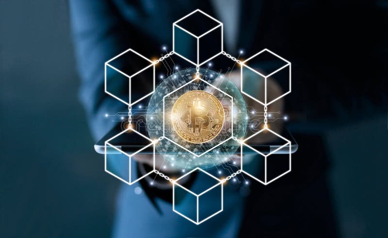 Businessman touching tablet. Bitcoin cryptocurrency with blockchain network connection and microcircuit icon on global virtual scr royalty free stock photos