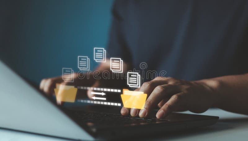 Businessman transferring files in virtual screen for Send of document on internet. stock illustration
