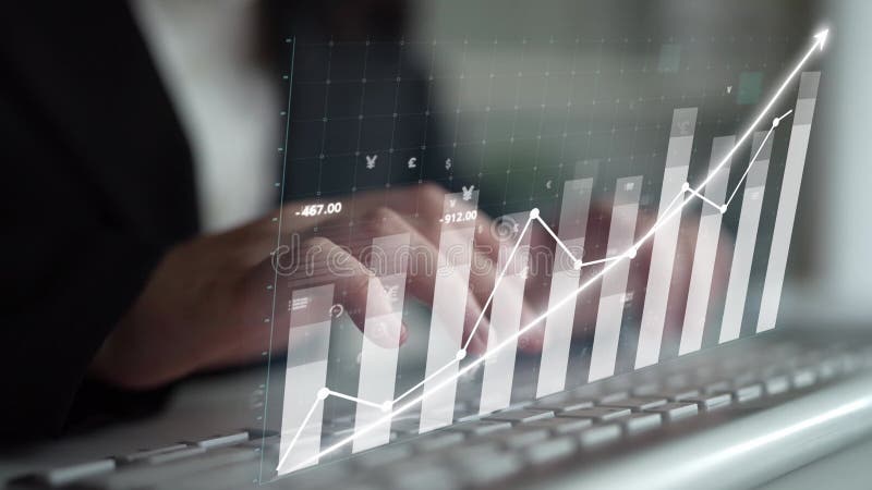 Businessman Analyzing Financial Data on Keyboard with Overlay Graph Showing Positive Growth Trend in Modern Office royalty free illustration