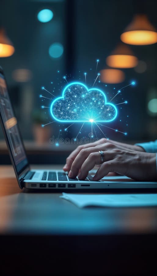 Businessman types on laptop with cloud computing icon. Modern tech concept of digital innovation. Working in office environment. stock illustration