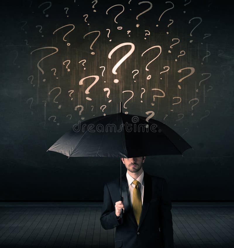 Businessman with Umbrella and a Lot of Drawn Question Marks Stock