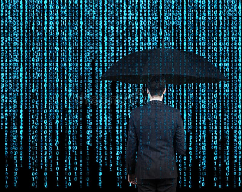 Businessman with umbrella who is appeared through the matrix background