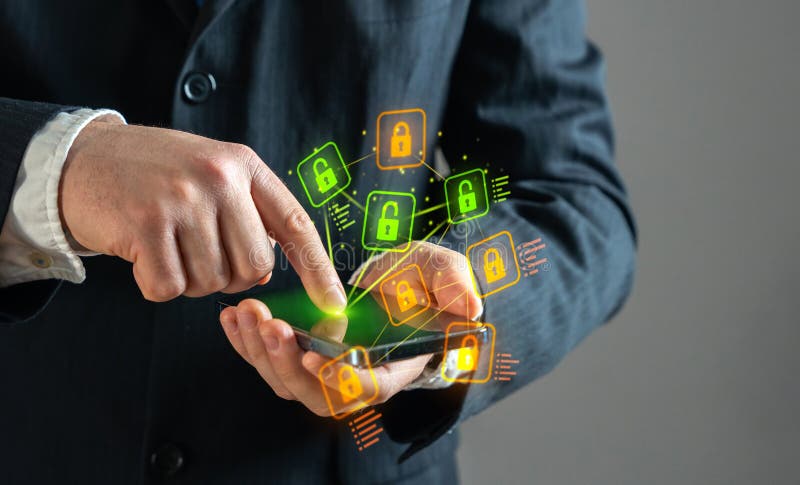 Businessman undergoes identification via mobile application. stock photography