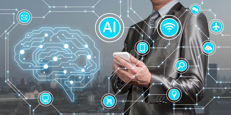 Businessman use smartphone with AI icons together with technology icons, Artificial inteligent conceptual royalty free stock photo