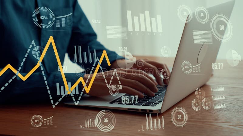 Businessman uses capable laptop computer to analyze business data analytic vector illustration