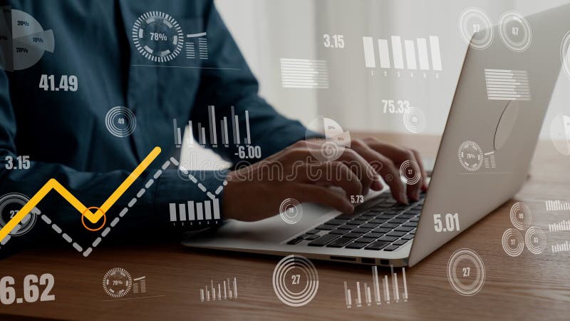 Businessman uses capable laptop computer to analyze business data analytic vector illustration