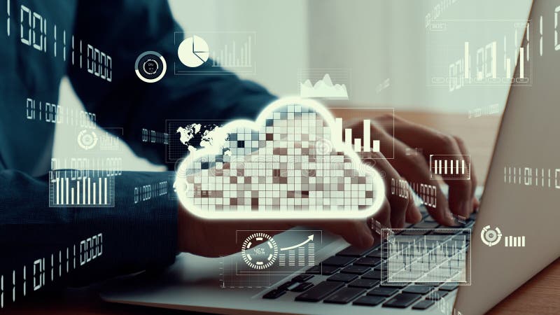 Businessman uses capable laptop computer to connect to cloud computing network royalty free illustration