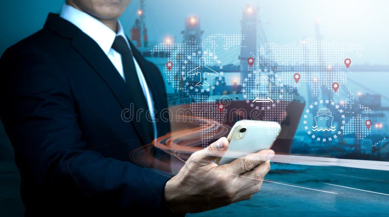 A businessman uses a cellphone for logistic network distribution and smart transportation, concept of networking intelligent stock images