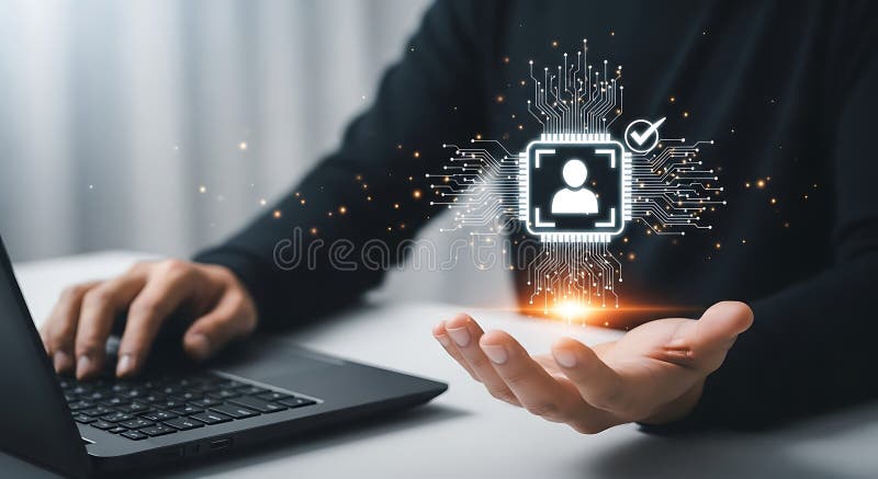 African businessman uses laptop while showing human profile with circuit confirmation above his hand vector illustration