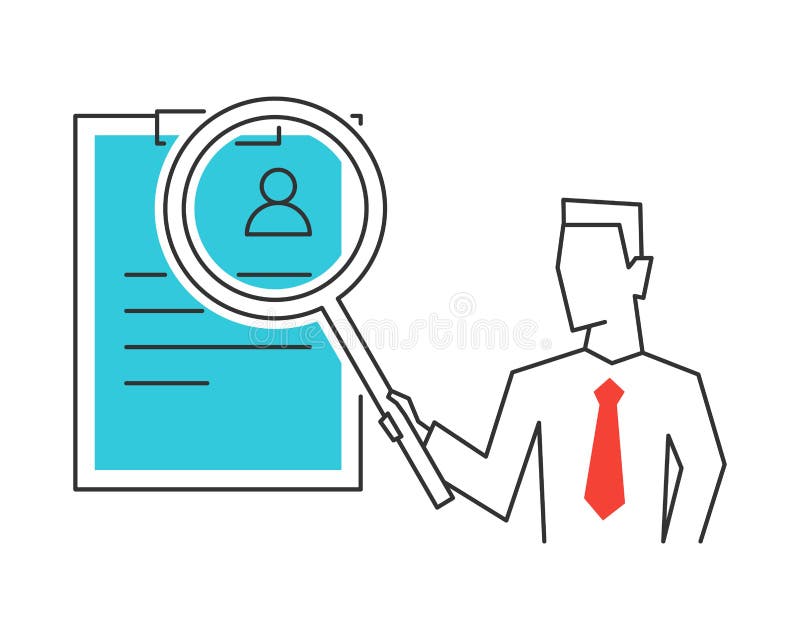 Businessman uses a magnifying glass for searching candidate royalty free illustration